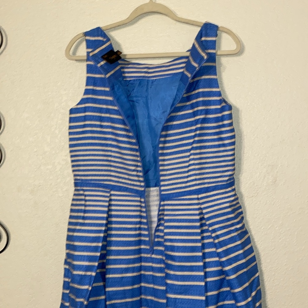 Taylor (Anthropology) Textured Pleated Striped Blue & White Fit & Flare  dress - Picture 7 of 7